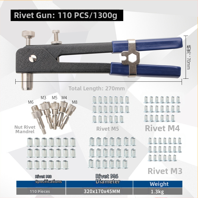 Ръчен пистолет за нитови гайки, 106-частен комплект, сплавна стомана, марка Rat