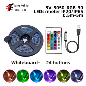 RGB LED juostelė su 30 LED 5050, įėjimo įtampa 5V, 24 mygtukų nuotolinio valdymo pultas ir Bluetooth programos valdymas, 120° spindulys