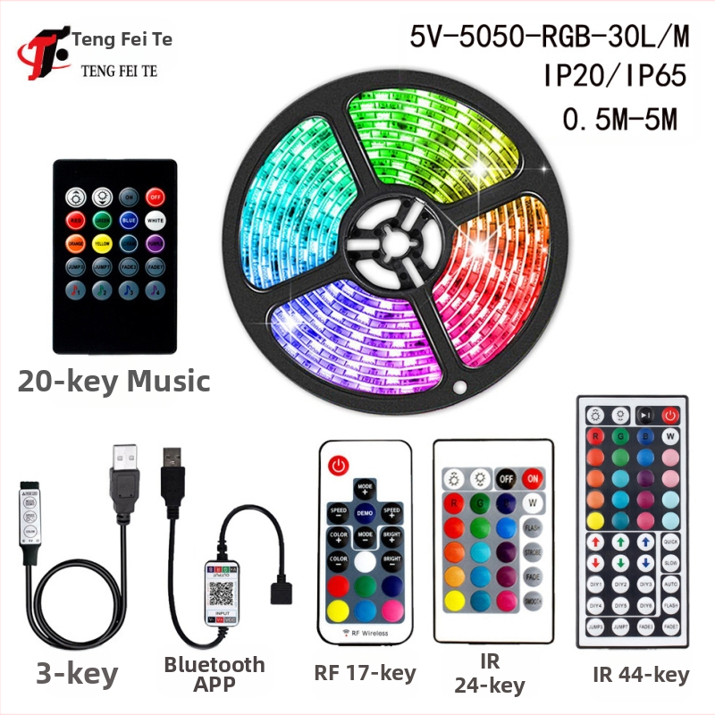 RGB LED juostelė su 30 LED 5050, įėjimo įtampa 5V, 24 mygtukų nuotolinio valdymo pultas ir Bluetooth programos valdymas, 120° spindulys