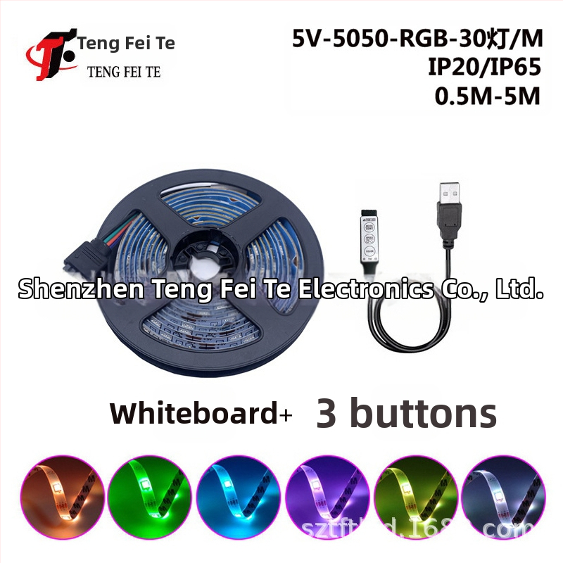 RGB LED juostelė su 30 LED 5050, įėjimo įtampa 5V, 24 mygtukų nuotolinio valdymo pultas ir Bluetooth programos valdymas, 120° spindulys