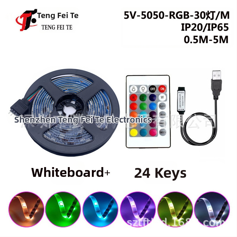 RGB LED juostelė su 30 LED 5050, įėjimo įtampa 5V, 24 mygtukų nuotolinio valdymo pultas ir Bluetooth programos valdymas, 120° spindulys