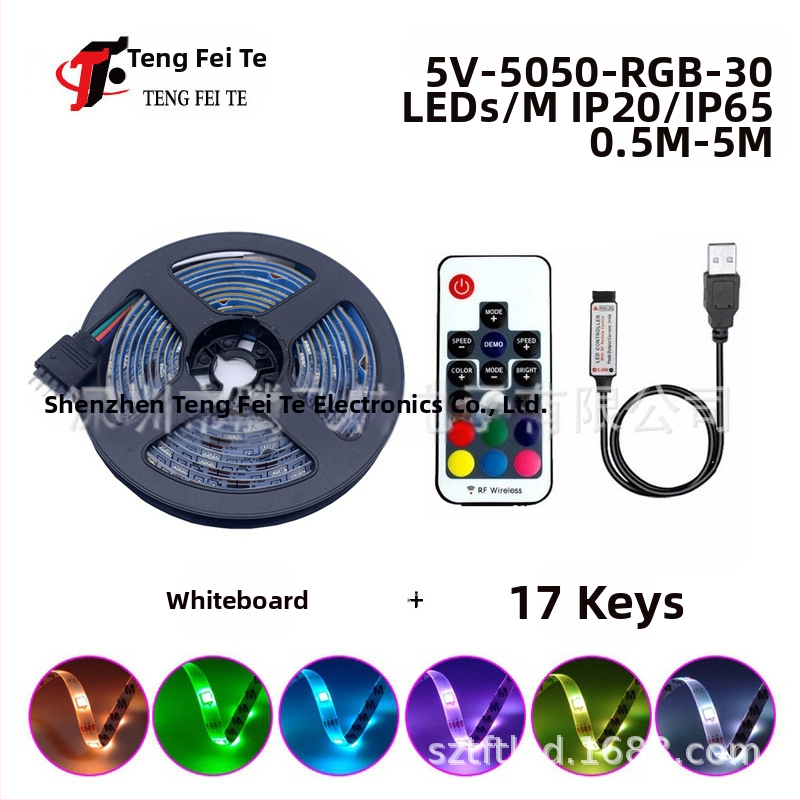 RGB LED juostelė su 30 LED 5050, įėjimo įtampa 5V, 24 mygtukų nuotolinio valdymo pultas ir Bluetooth programos valdymas, 120° spindulys
