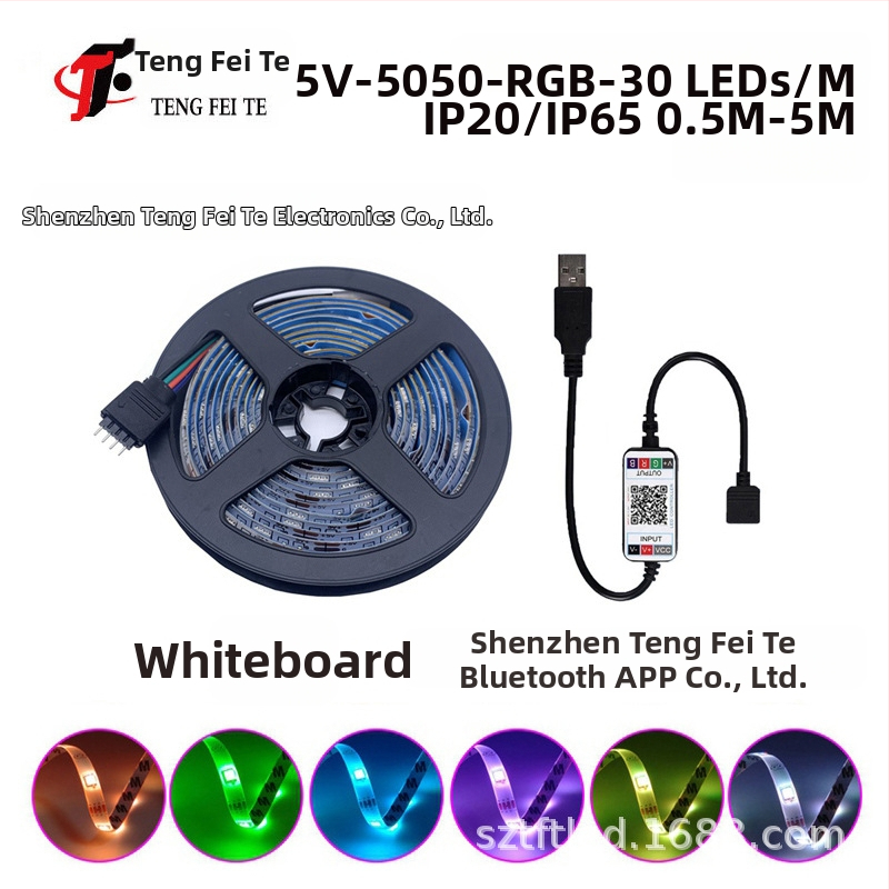 RGB LED juostelė su 30 LED 5050, įėjimo įtampa 5V, 24 mygtukų nuotolinio valdymo pultas ir Bluetooth programos valdymas, 120° spindulys
