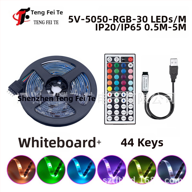 RGB LED juostelė su 30 LED 5050, įėjimo įtampa 5V, 24 mygtukų nuotolinio valdymo pultas ir Bluetooth programos valdymas, 120° spindulys