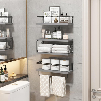 Ξύλινο τριών επιπέδων ράφι τοίχου με προστατευτική ράγα, εγκατάσταση με γάντζο, αγροτικό στυλ, Jingmei, πολυλειτουργική αποθήκευση για σαλόνι, κουζίνα, υπνοδωμάτιο