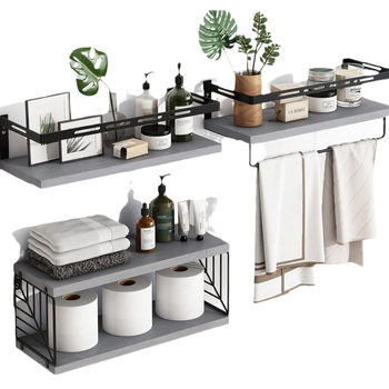 Ξύλινο τριών επιπέδων ράφι τοίχου με προστατευτική ράγα, εγκατάσταση με γάντζο, αγροτικό στυλ, Jingmei, πολυλειτουργική αποθήκευση για σαλόνι, κουζίνα, υπνοδωμάτιο