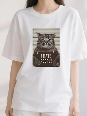 Μπλούζα τύπου T‑shirt με εκτύπωση γάτας, στρογγυλός λαιμός, κοντό μανίκι, κανονική γραμμή