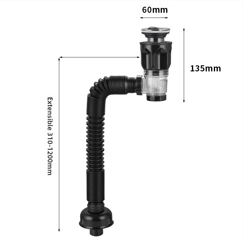 Дренажен възел с клапан тип, S-образен дренаж за мивка (модел 2233) – универсален комплект, модерен минималистичен дизайн