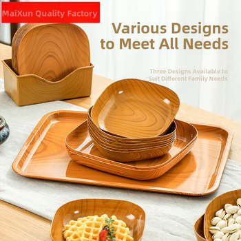 Пластмасова квадратна тава за закуски с имитация на дърво, микровълнова безопасна, за сушени плодове и лакомства