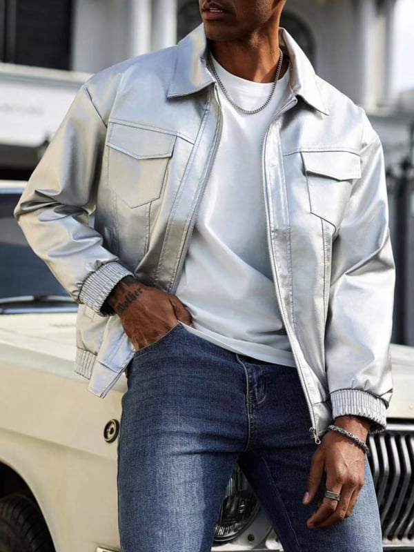 Ανδρικό PU δερμάτινο μπουφάν, ρετρό μοτοσικλετιστικό στυλ, γιακά τύπου πέτο, μονόμπροτ κλείσιμο, σχέδιο με πολλές τσέπες