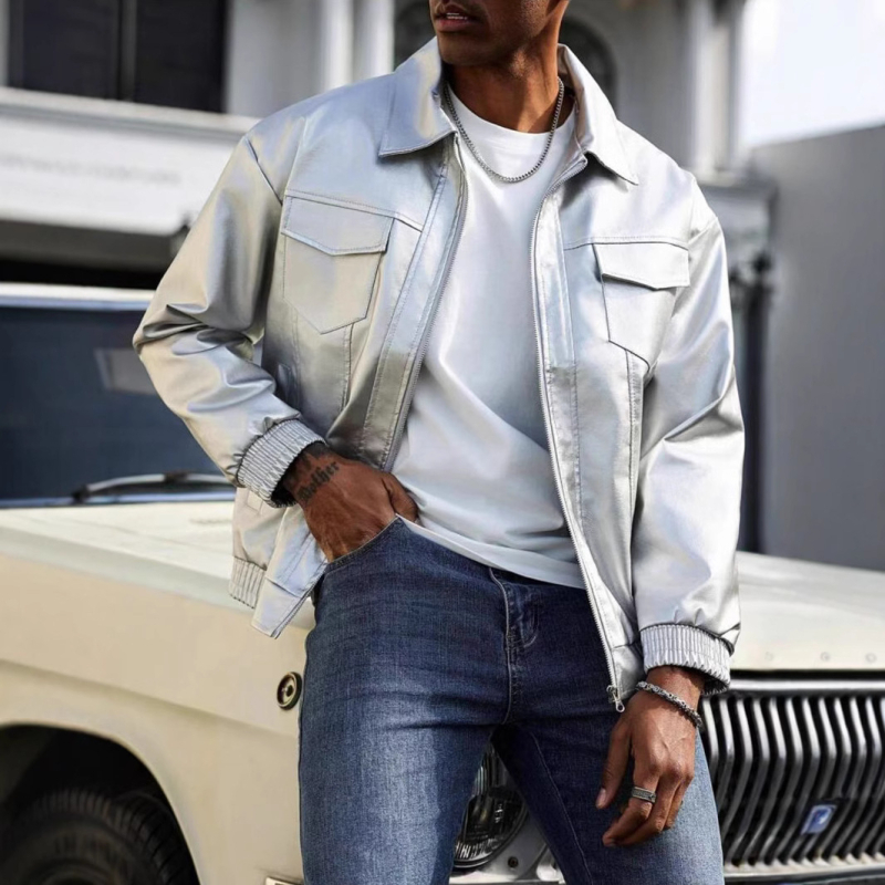 Ανδρικό PU δερμάτινο μπουφάν, ρετρό μοτοσικλετιστικό στυλ, γιακά τύπου πέτο, μονόμπροτ κλείσιμο, σχέδιο με πολλές τσέπες