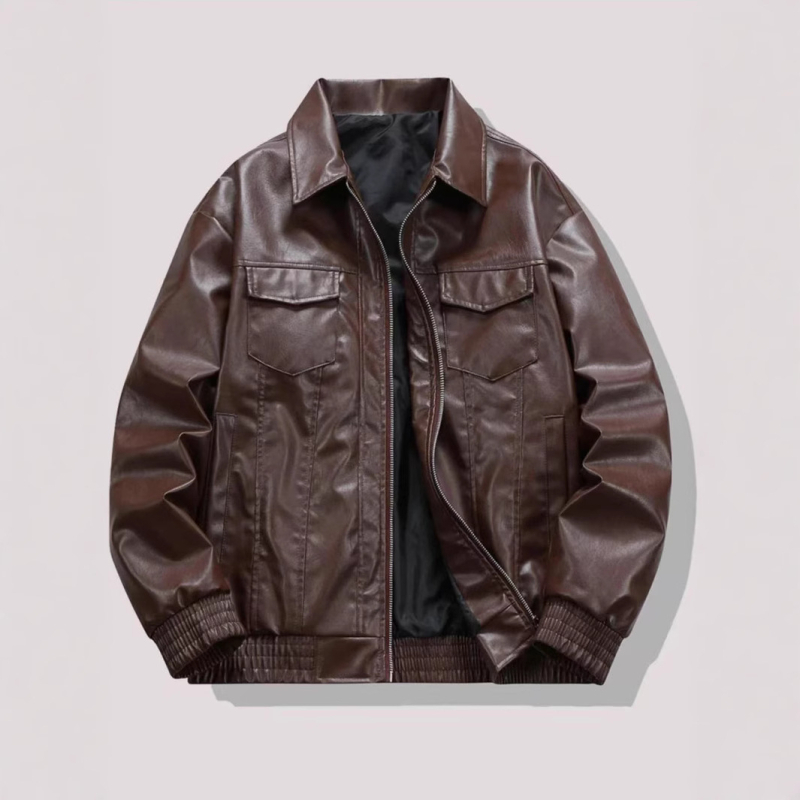 Ανδρικό PU δερμάτινο μπουφάν, ρετρό μοτοσικλετιστικό στυλ, γιακά τύπου πέτο, μονόμπροτ κλείσιμο, σχέδιο με πολλές τσέπες