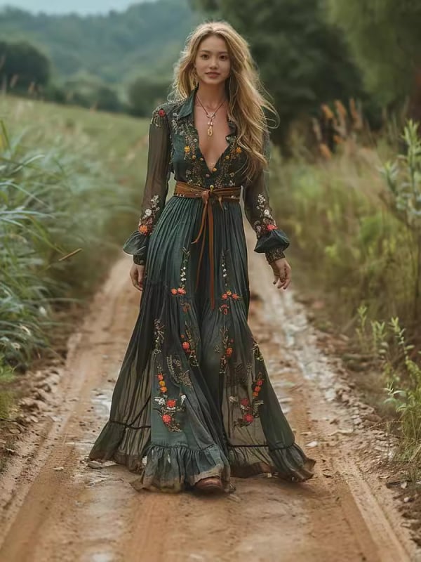Maxi haljina s dugim rukavima, otisak, patchwork stil