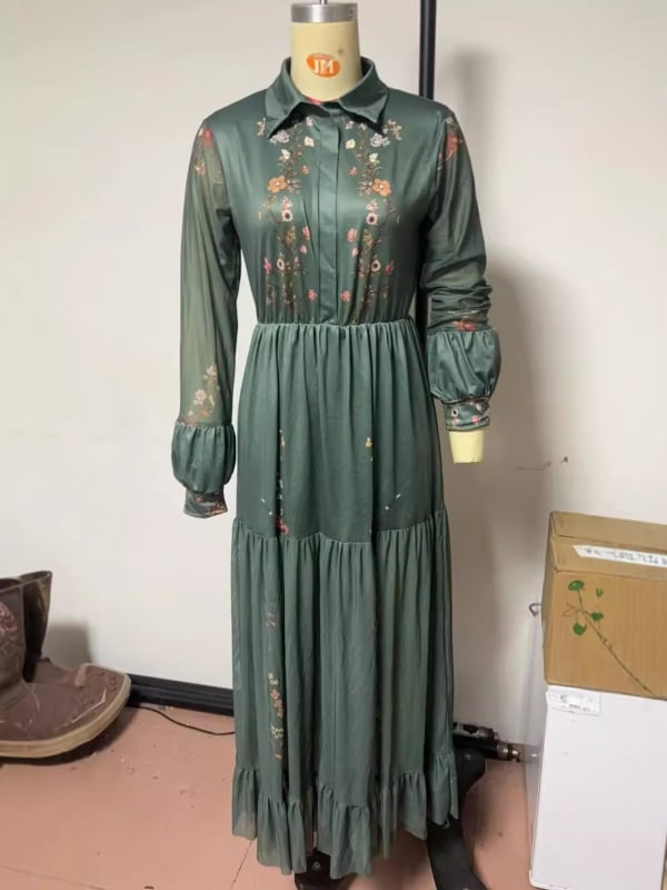 Maxi haljina s dugim rukavima, otisak, patchwork stil