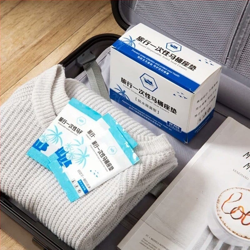 Еднократна предпазна седалка за тоалетна, PP пластмаса; антибактериално; водоустойчиво; подходящо за пътувания; индивидуално опакована; 50 бр./кутия