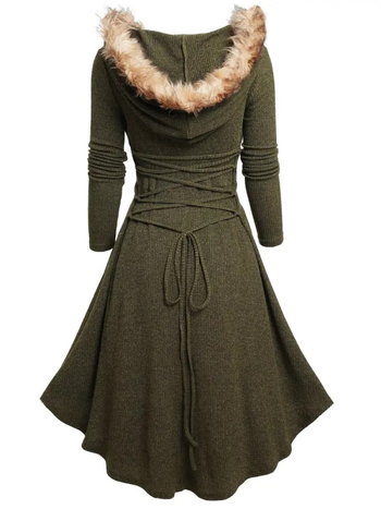 Rochie retro cu mâneci lungi, inserții pufoase și guler tip păpușă, material poliester-bumbac, talie reglabilă, fustă lungă cu croi larg, nasturi dubli pe clapetă