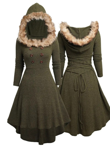 Ρετρό μακρύ φόρεμα με μακριά μανίκια, βελούδινες επενδύσεις και γιακά τύπου κούκλας, ύφασμα πολυεστέρας‑βαμβάκι, ρυθμιζόμενη μέση, μακριά φούστα σε ίσια γραμμή, τρία διπλά κουμπιά