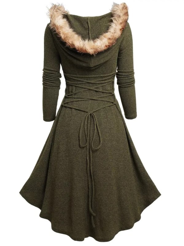 Rochie retro cu mâneci lungi, inserții pufoase și guler tip păpușă, material poliester-bumbac, talie reglabilă, fustă lungă cu croi larg, nasturi dubli pe clapetă