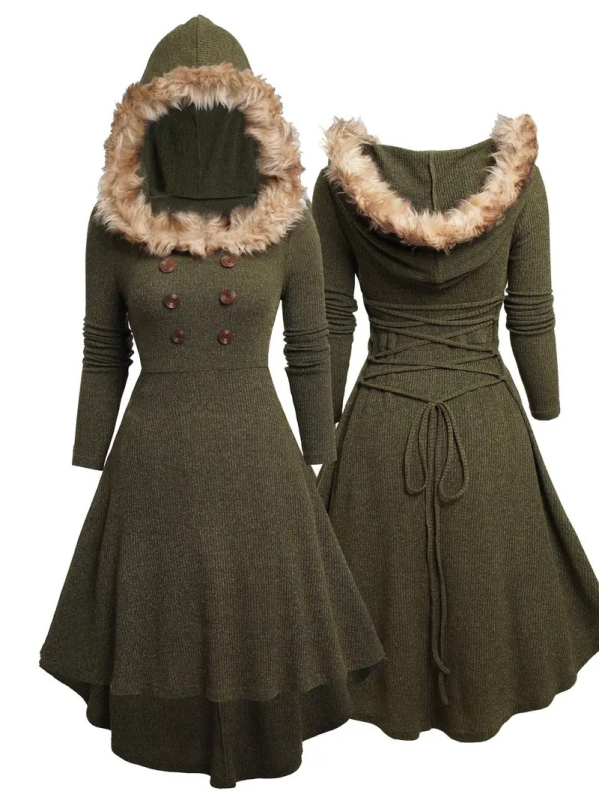 Rochie retro cu mâneci lungi, inserții pufoase și guler tip păpușă, material poliester-bumbac, talie reglabilă, fustă lungă cu croi larg, nasturi dubli pe clapetă