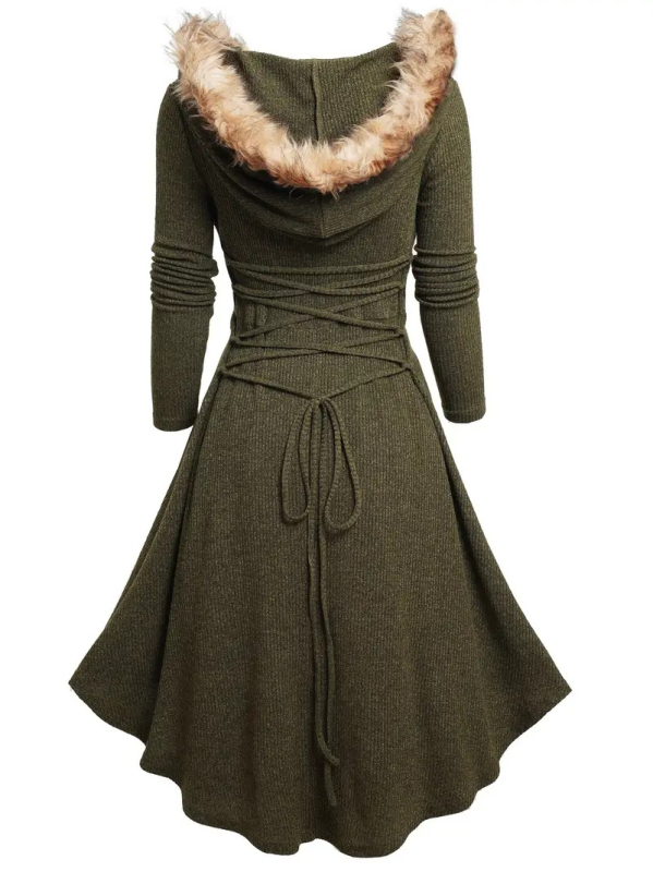 Rochie retro cu mâneci lungi, inserții pufoase și guler tip păpușă, material poliester-bumbac, talie reglabilă, fustă lungă cu croi larg, nasturi dubli pe clapetă