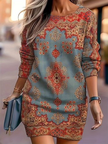 Φόρεμα-πουκάμισο με φλοράλ σχέδιο και ψηφιακή εκτύπωση, πολυεστέρας, στρογγυλός λαιμός, μέσο μήκος φορέματος