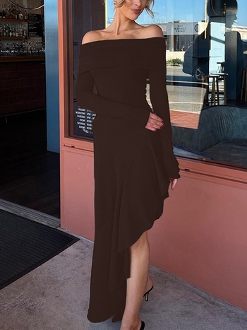 Φόρεμα με ανοιχτό ώμο, μακριά μανίκια, υψηλή μέση, μακριά ακανόνιστη φούστα από πολυεστέρα-σπαντέξ