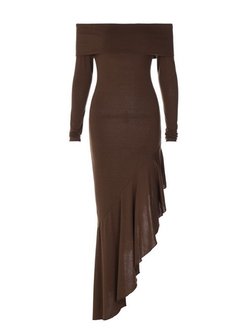 Φόρεμα με ανοιχτό ώμο, μακριά μανίκια, υψηλή μέση, μακριά ακανόνιστη φούστα από πολυεστέρα-σπαντέξ