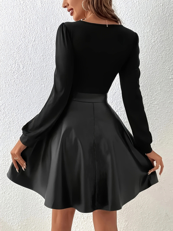 Φόρεμα από πολυεστέρα, μονόχρωμο, με τετράγωνο γιακά, μανίκια φανάρι και φούστα τύπου ομπρέλας