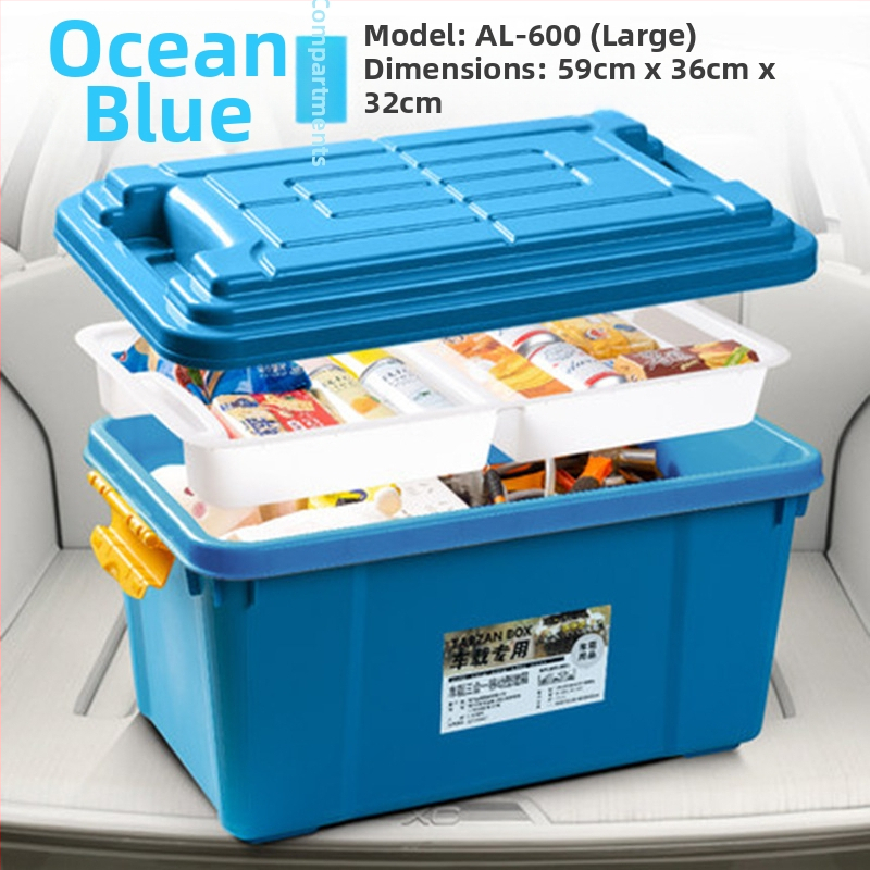 Automobilio vidaus saugojimo dėžė, dviejų lygių dizainas, 50 L talpa, polipropilenas, paprastas modernus stilius, montavimas nereikalingas