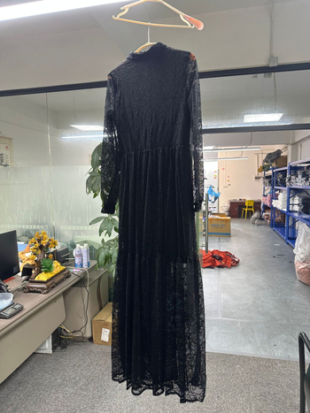 Δαντελέν φόρεμα με πλισέ μακριά φούστα, υψηλή μέση, στρογγυλός λαιμός, μακριά μανίκια