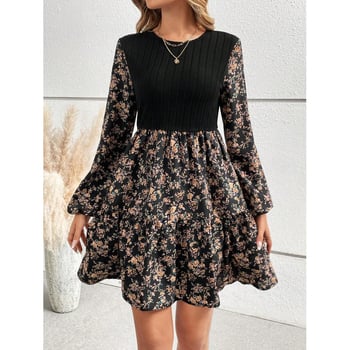Rochie cu imprimeu floral, în A-line, scurtă, decolteu rotund, mâneci lampion