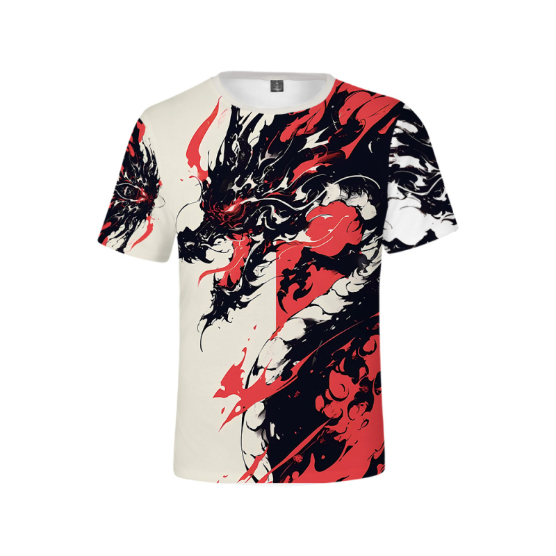 Tricou cu imprimeu cartoon 3D, croială lejeră, guler rotund, mâneci scurte, țesătură poliester tip plasă