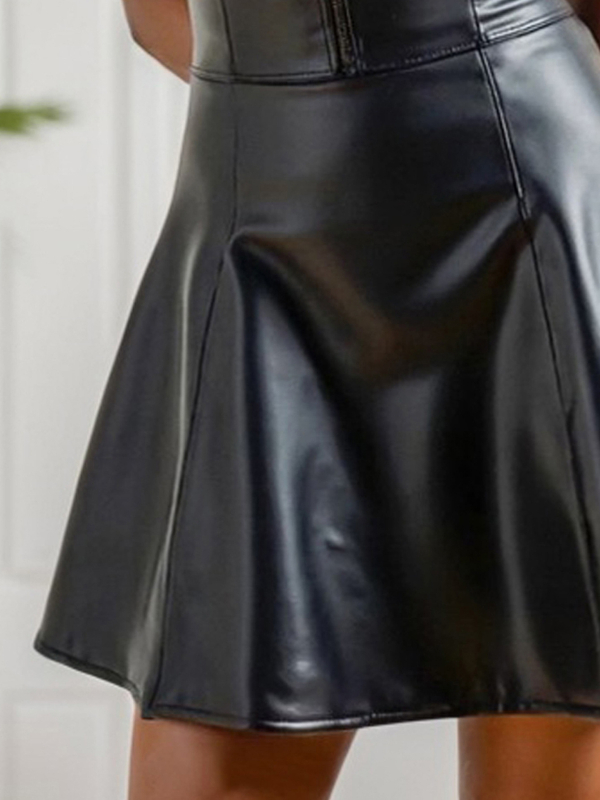 Rochie din PU, piele sintetică, decolteu în V, fără mâneci, spate decupat, croială în A-line