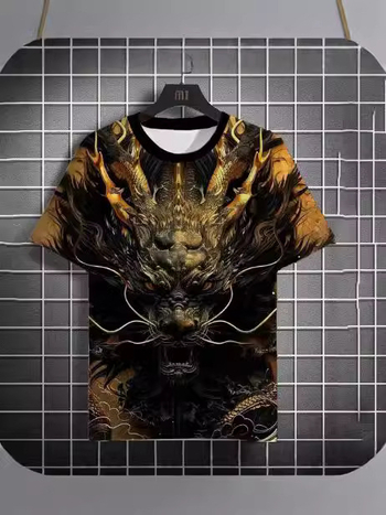 Μπλουζάκι με εκτύπωση 3D δράκου, σχέδιο ζώου, κοντό μανίκι, στρογγυλή λαιμόκοψη, αναπνέουσα δικτυωτή ύφανση πολυεστέρα-ελαστάνης (95% πολυεστέρας, 5% ελαστάνη)