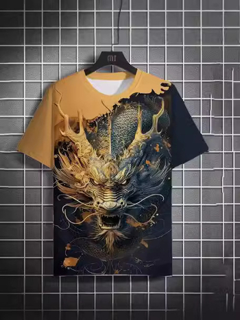 Μπλουζάκι με εκτύπωση 3D δράκου, σχέδιο ζώου, κοντό μανίκι, στρογγυλή λαιμόκοψη, αναπνέουσα δικτυωτή ύφανση πολυεστέρα-ελαστάνης (95% πολυεστέρας, 5% ελαστάνη)