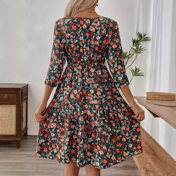 Φόρεμα με φλοράλ εκτύπωση, στρογγυλό λαιμό, μανίκια 3/4, ψηλή μέση, Α-γραμμή midi