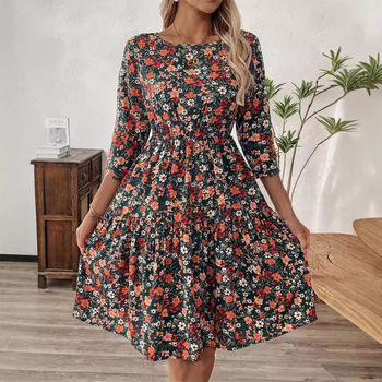 Φόρεμα με φλοράλ εκτύπωση, στρογγυλό λαιμό, μανίκια 3/4, ψηλή μέση, Α-γραμμή midi