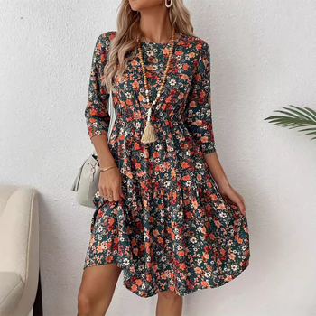 Φόρεμα με φλοράλ εκτύπωση, στρογγυλό λαιμό, μανίκια 3/4, ψηλή μέση, Α-γραμμή midi