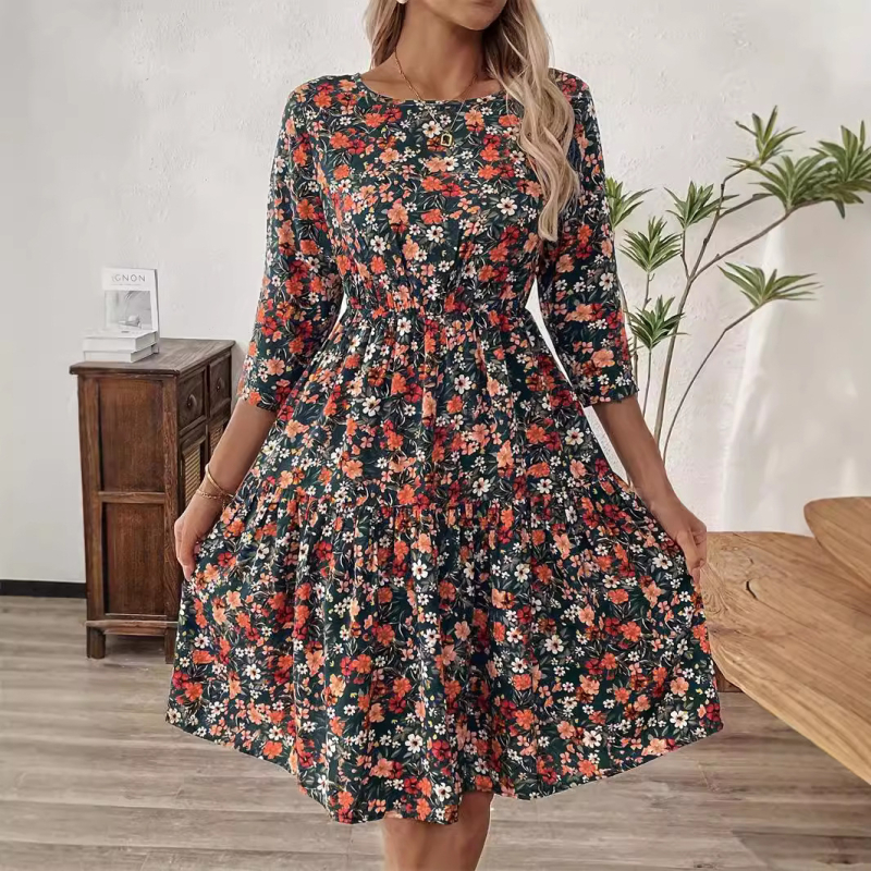 Haljina s floralnim printom, okrugli izrez, 3/4 rukavi, visok struk, A-linija midi duljina