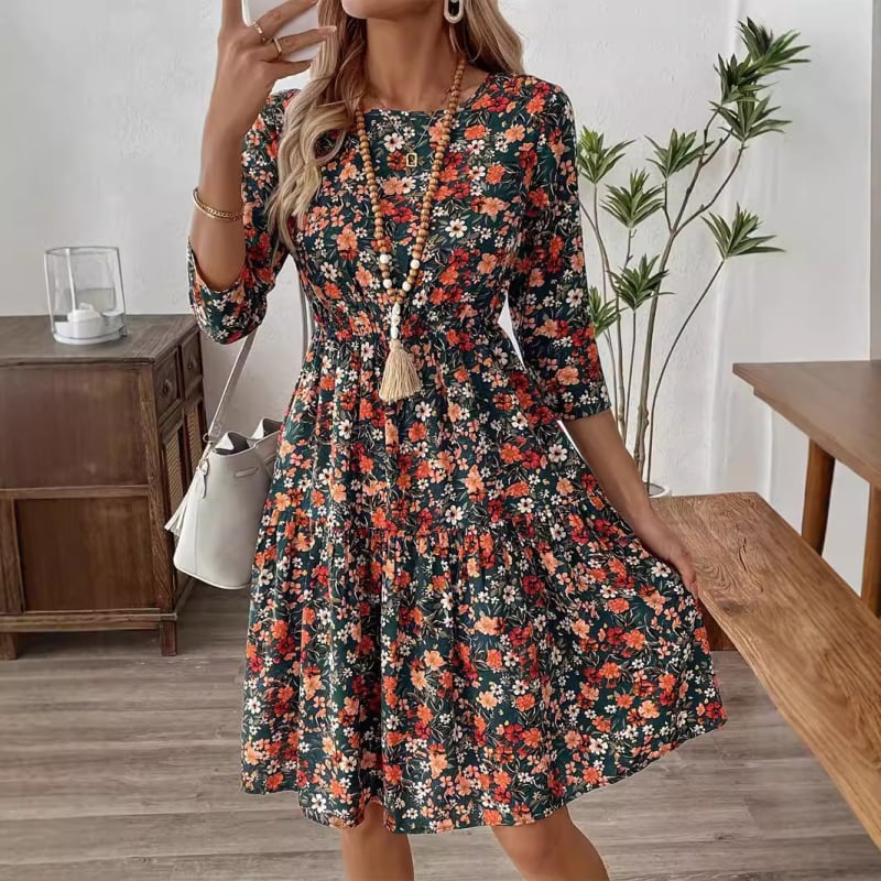 Haljina s floralnim printom, okrugli izrez, 3/4 rukavi, visok struk, A-linija midi duljina