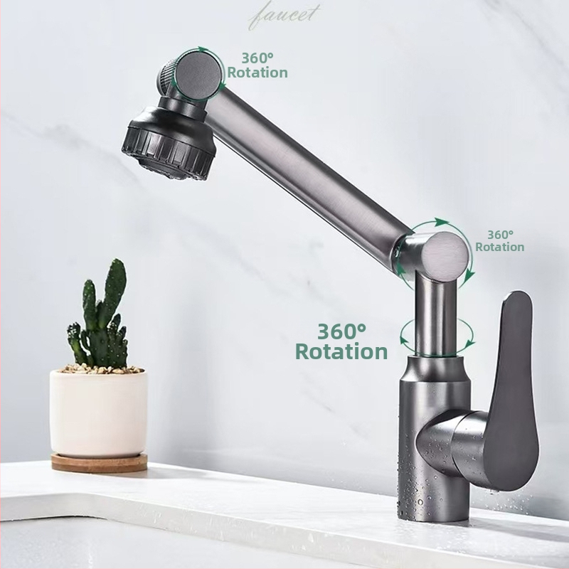 Неръждаем стоманен въртящ се смесител за баня/мивка, модел XMS-4090, керамичен клапан, 4 входа/изхода, за гореща и студена вода