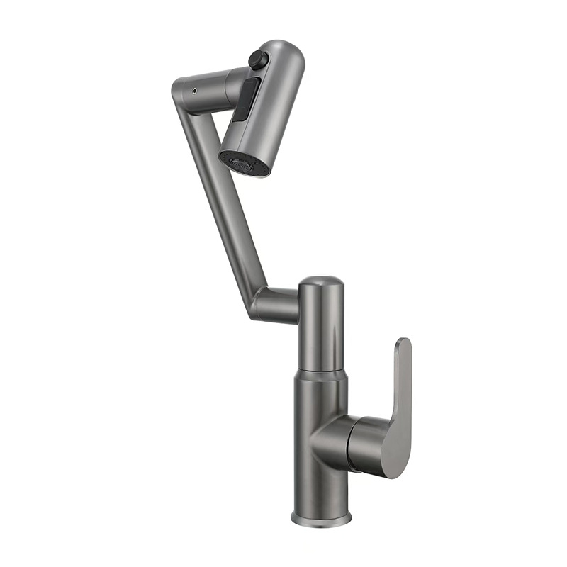 Nerūdijančio plieno universali pasukamas praustuvo čiaupas vonios kambariui, modelis XMS-4090, keraminis vožtuvų korpusas, vožtuvo sėdynės skersmuo 45 mm, 4 įėjimai/išėjimai