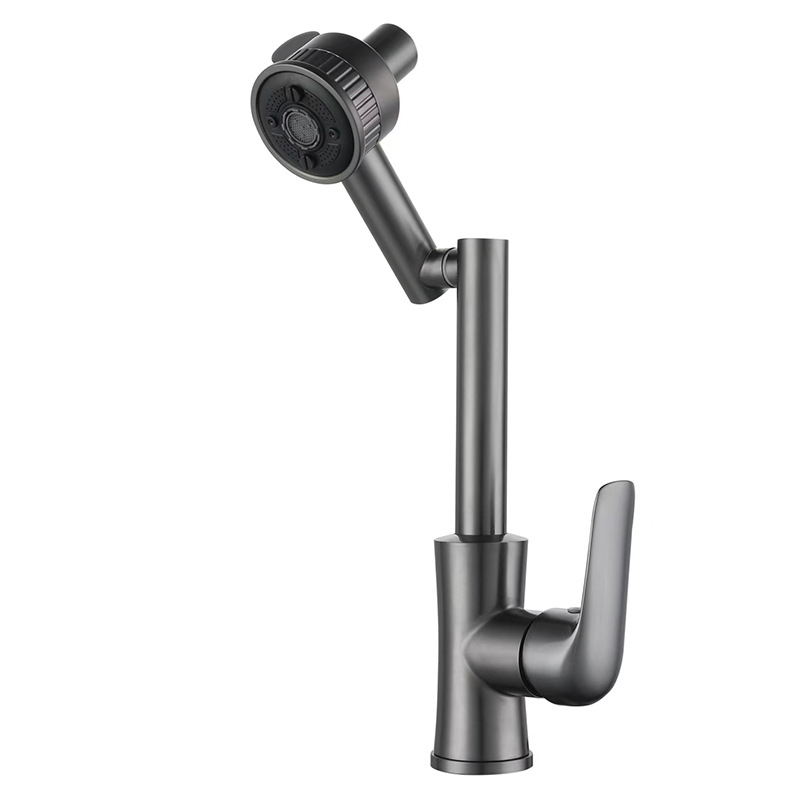 Nerūdijančio plieno universali pasukamas praustuvo čiaupas vonios kambariui, modelis XMS-4090, keraminis vožtuvų korpusas, vožtuvo sėdynės skersmuo 45 mm, 4 įėjimai/išėjimai