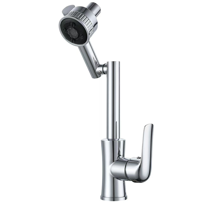 Nerūdijančio plieno universali pasukamas praustuvo čiaupas vonios kambariui, modelis XMS-4090, keraminis vožtuvų korpusas, vožtuvo sėdynės skersmuo 45 mm, 4 įėjimai/išėjimai