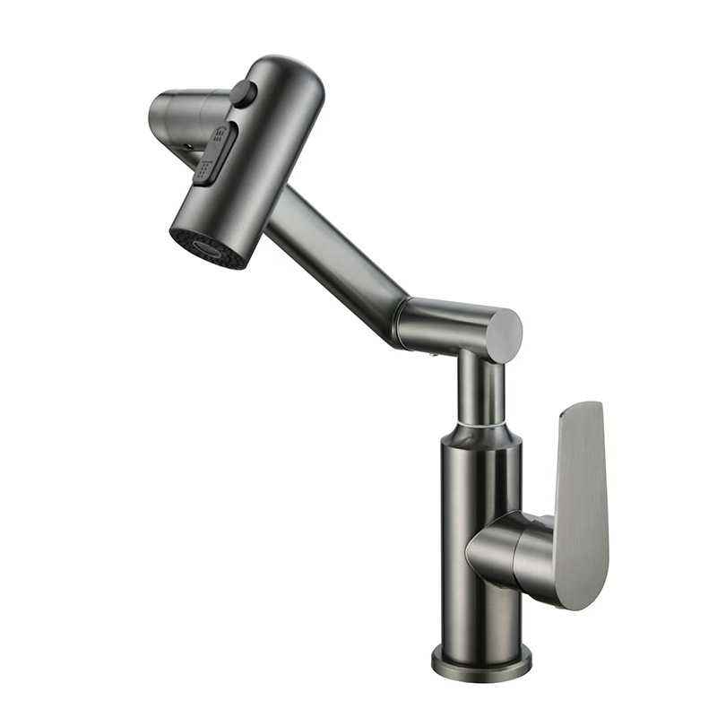 Nerūdijančio plieno universali pasukamas praustuvo čiaupas vonios kambariui, modelis XMS-4090, keraminis vožtuvų korpusas, vožtuvo sėdynės skersmuo 45 mm, 4 įėjimai/išėjimai