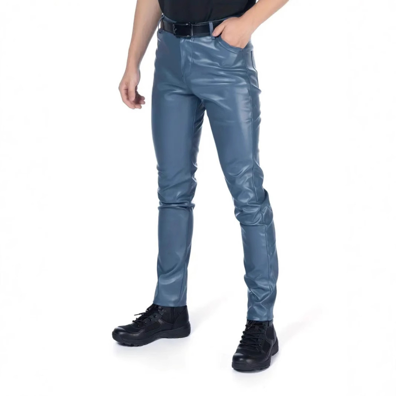 Vyrų PU odinės kelnės, vidutinio liemens, siauras kirpimas, Korejiečių stiliaus pieštuko keliai, vasaros šokių aprangai