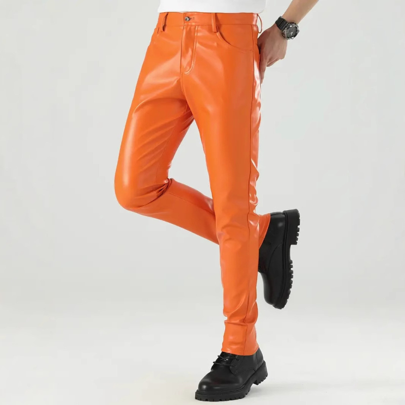 Vyrų PU odinės kelnės, vidutinio liemens, siauras kirpimas, Korejiečių stiliaus pieštuko keliai, vasaros šokių aprangai