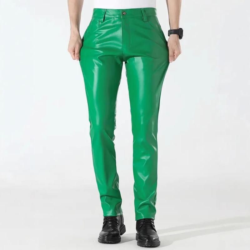 Vyrų PU odinės kelnės, vidutinio liemens, siauras kirpimas, Korejiečių stiliaus pieštuko keliai, vasaros šokių aprangai