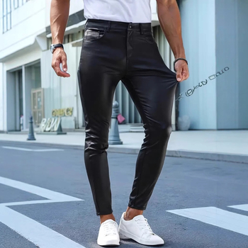 Vīriešu ādas bikses, ciešs piegriezums, mākslīgā āda, maisījuma audums, 2025. gada pavasaris