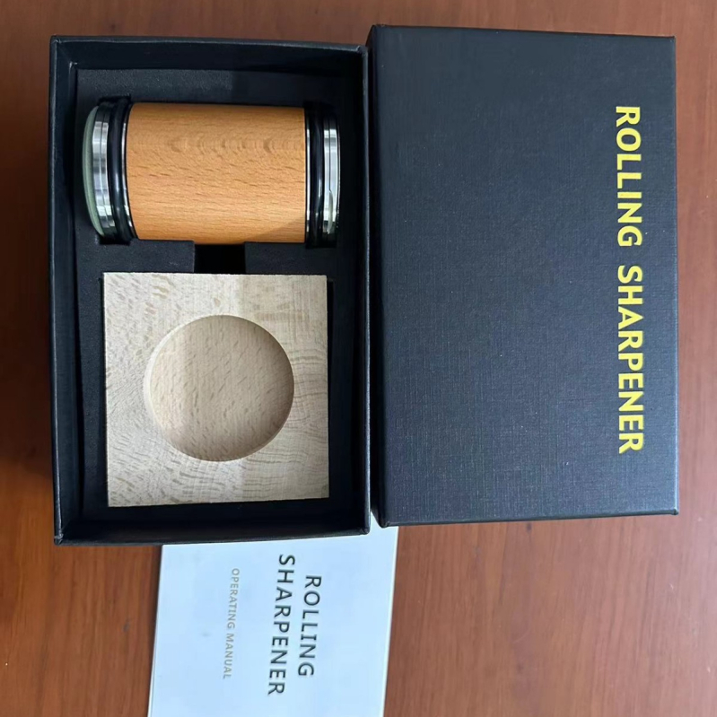 Cilindrinis dviejų pusių deimantinį šlifuoklis su ritinėliu virtuvės peiliams, su įspaustu logotipu